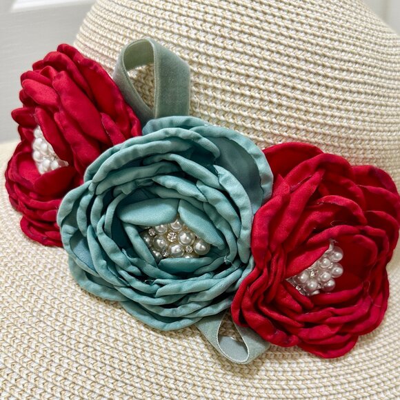 Elegant Women's Tweed Sun Hat With Satin Flowers And Pearls Special Event (NEW) - Picture 3 of 12